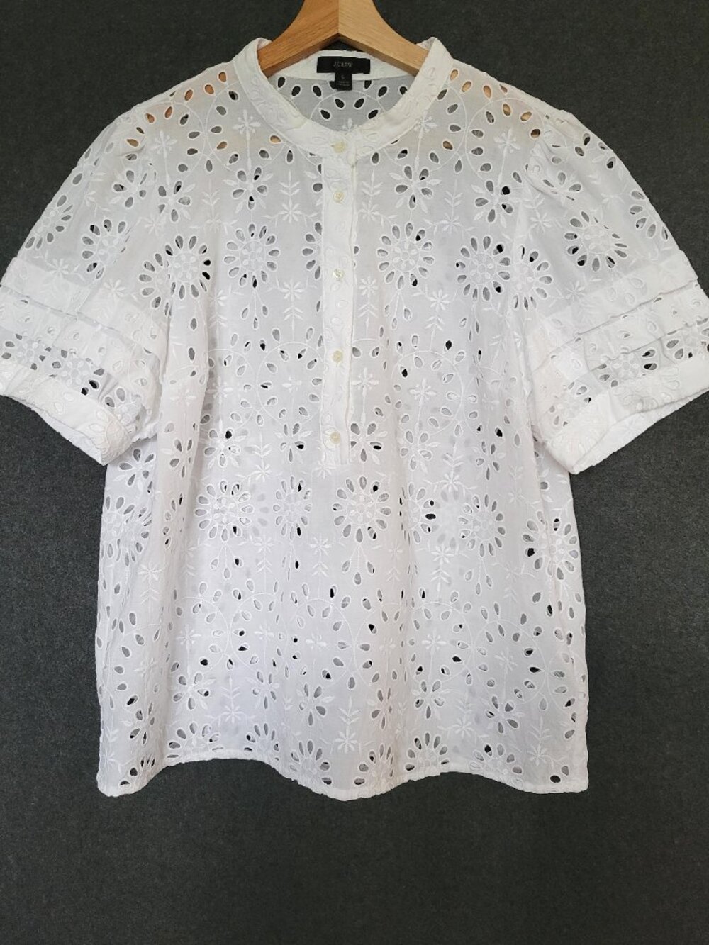 J. Crew White Floral Eyelet Popover Embroidery Puff Sleeve Blouse L